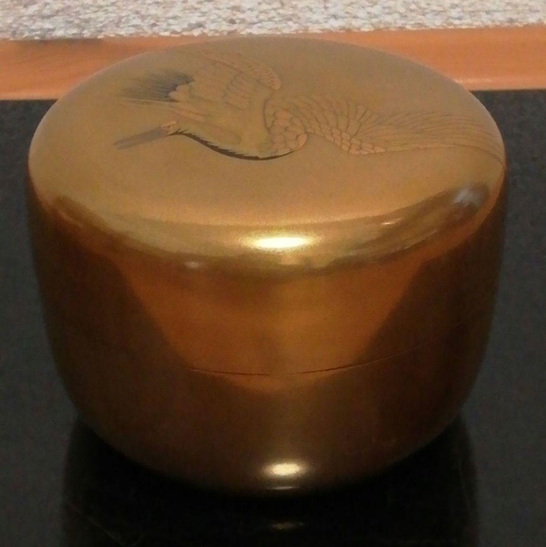 一光作　金地　鶴　平蒔絵　棗　共箱　仕服付　茶道具