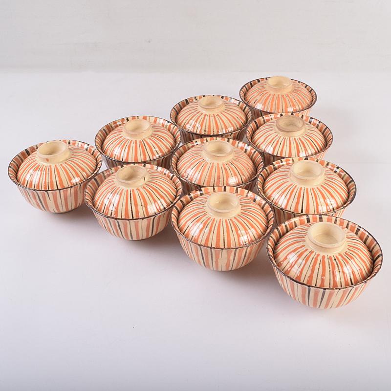 瀬戸焼　古瀬戸　加藤作助作　麦藁手　飯茶碗　蓋碗　十客　共箱　F　R8861B