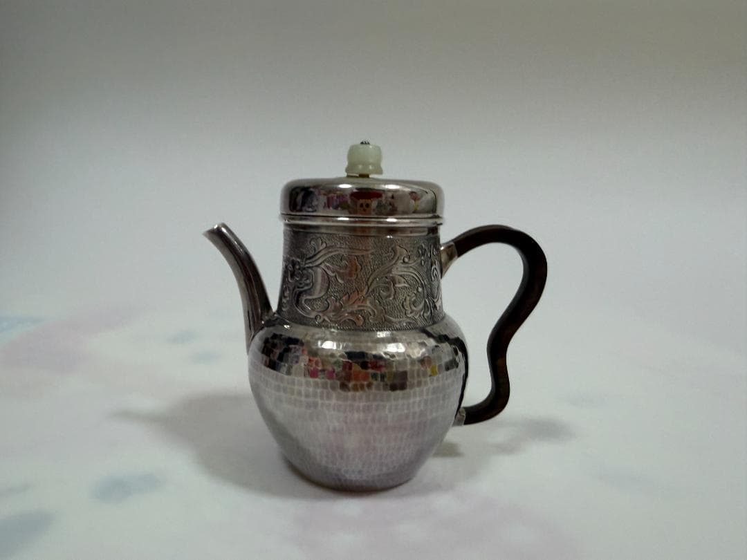 純銀製 唐草紋 玉石摘 急須 銀瓶 煎茶道具