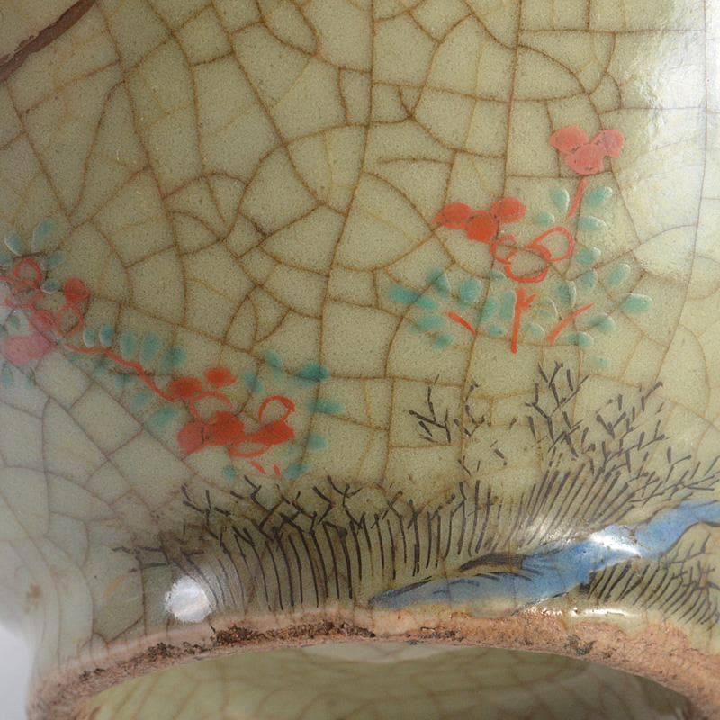 中国　哥窯　青磁　金絲鉄線　花文茶碗　金継ぎ直し　時代箱　C　6602