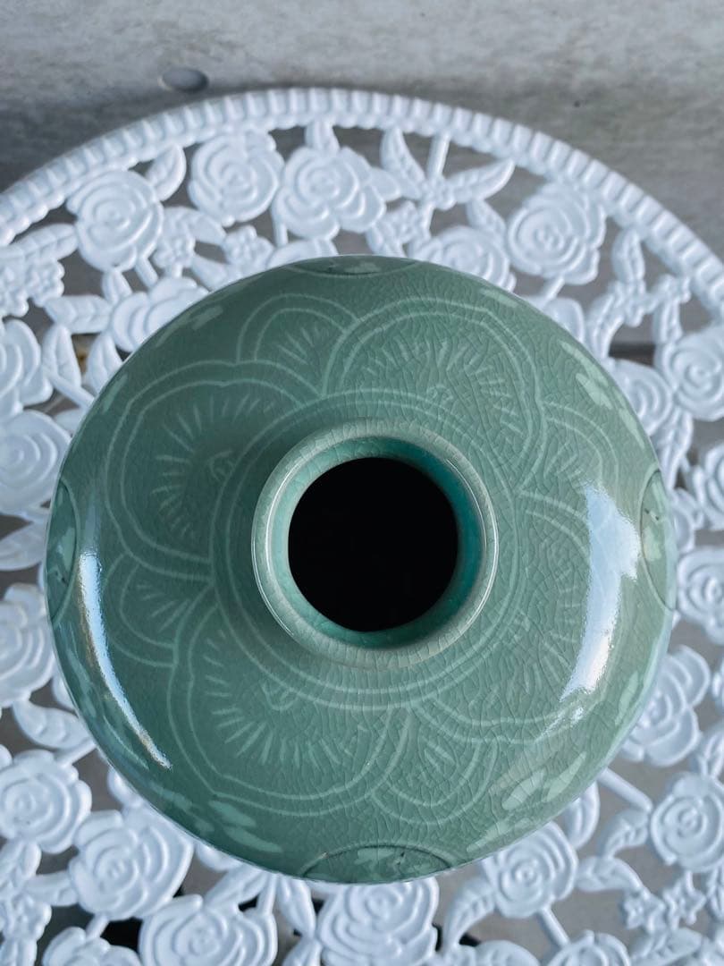 緑色の鶴模様陶器花瓶 約30cm