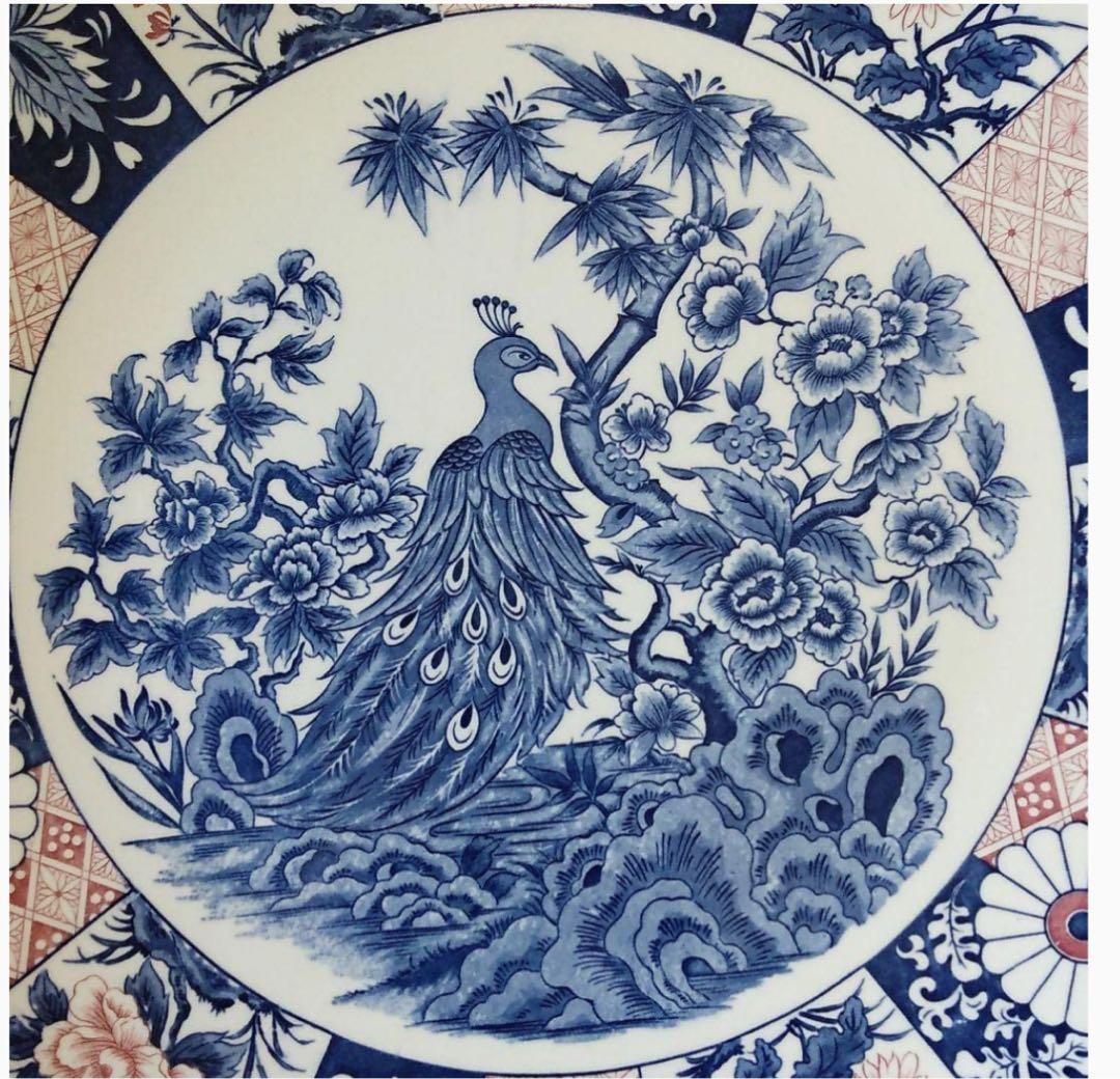 【新品 縁起物 ノベルティ】萬古窯 富永陶園 孔雀 大皿 尺ニ皿 新牡丹花鳥