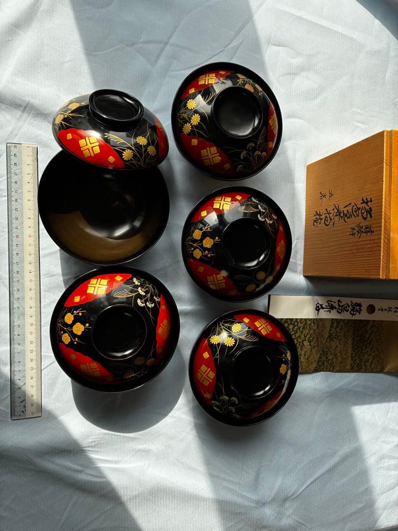 【本物保証】輪島塗 角知作 吸物椀 5客セット 共箱・パンフレット付 椿蒔絵