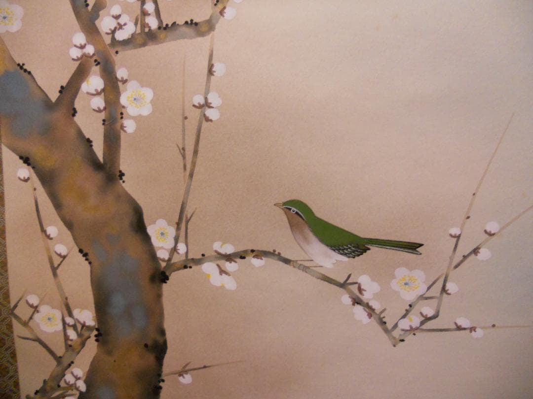 掛け軸 小川大鳳 梅に鶯 絹本 希少 軸装 茶道具 掛軸 美品 です。