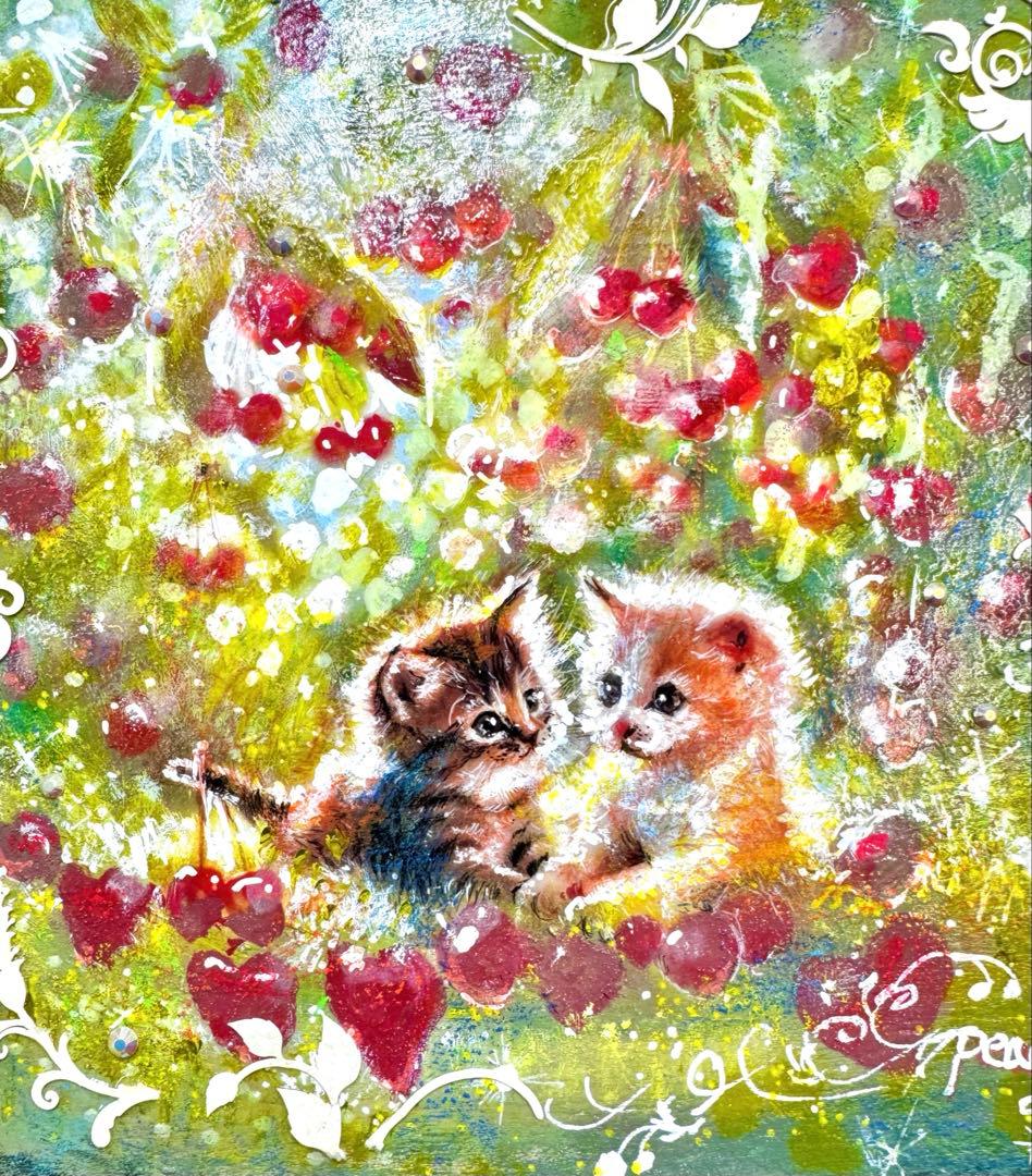 絵画原画《ハートのメロディ》寄りそうにゃんこたち　チェーリーの絵