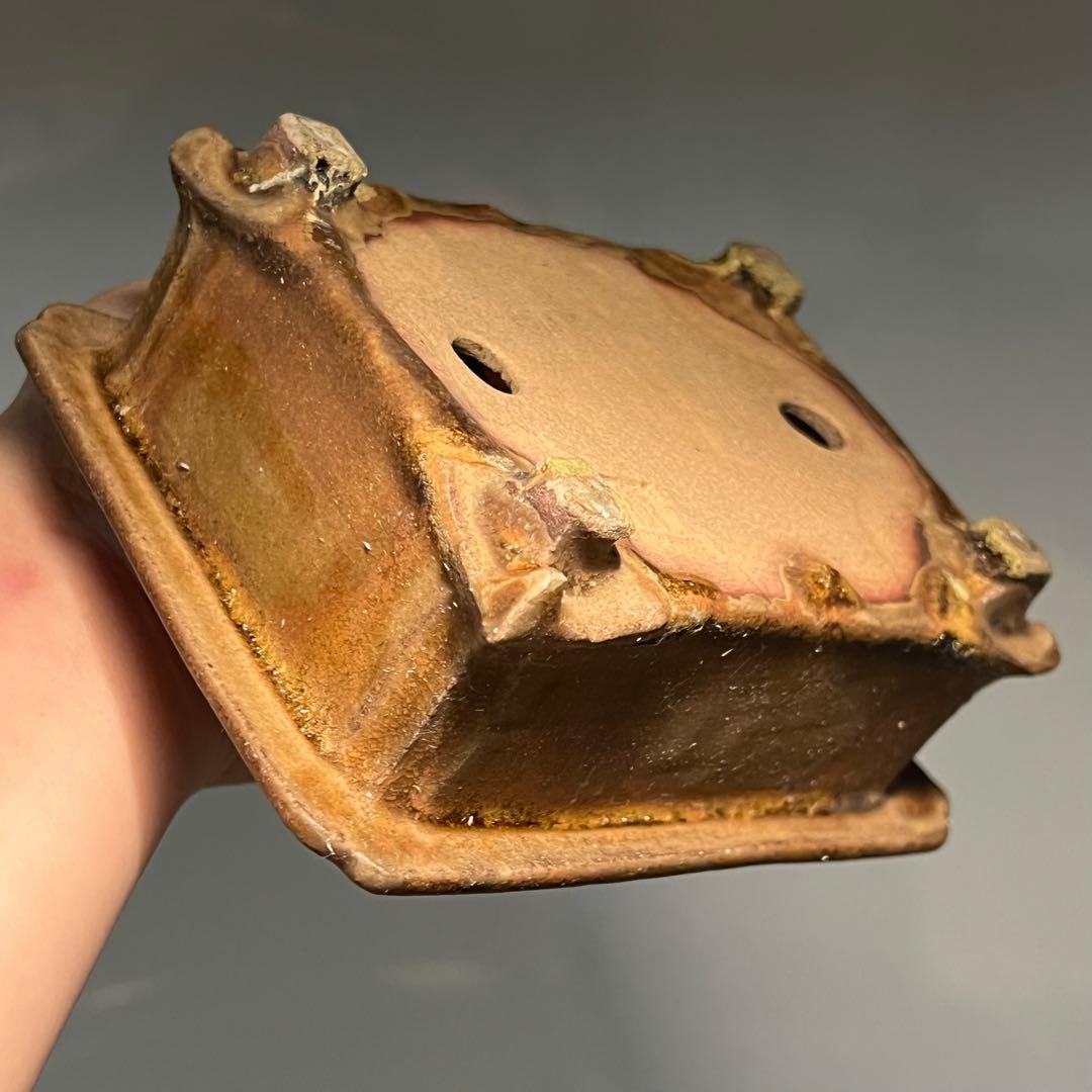 716.日本古鉢 飴釉長方鉢 盆栽鉢 植木鉢 13.6*10.8*5.2cm