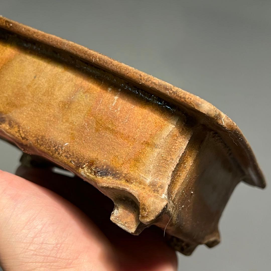 716.日本古鉢 飴釉長方鉢 盆栽鉢 植木鉢 13.6*10.8*5.2cm