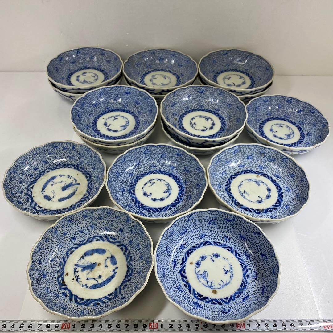 古伊万里　染付みじんこ膾皿16枚　木箱　幅14.8㎝東Y7-0314☆2Fトヒサ