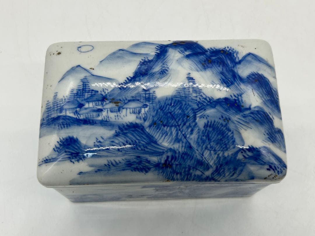 時代　染付山水紋蓋物　送料込み0410