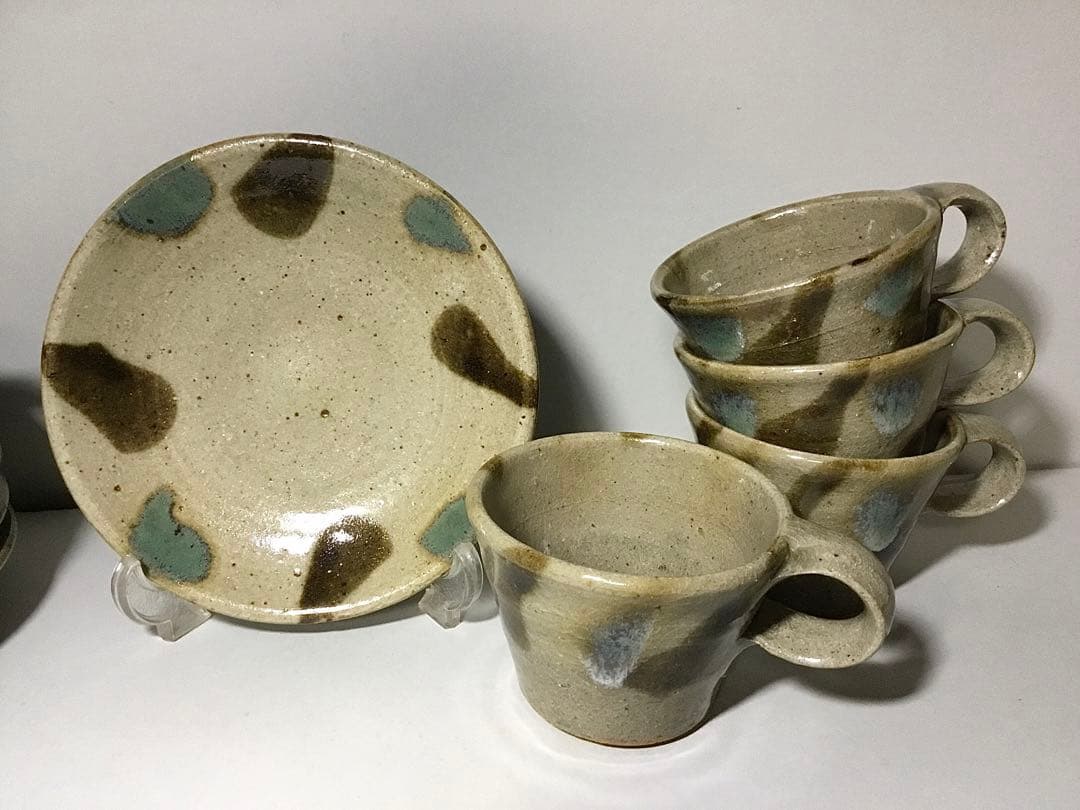 益子焼？◆カップ&ソーサー ７客◆民芸 デミタス 小皿 ぐい呑 コーヒーカップ