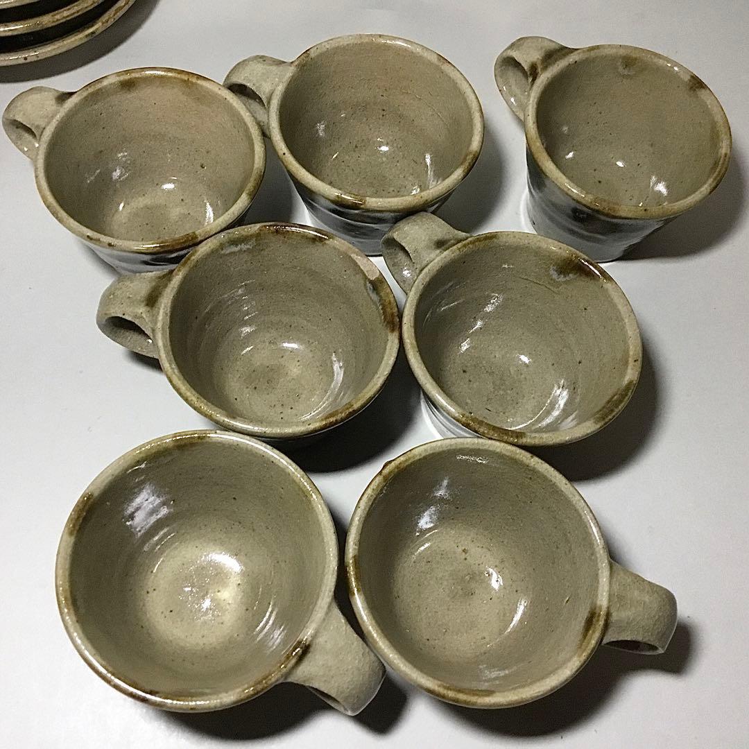 益子焼？◆カップ&ソーサー ７客◆民芸 デミタス 小皿 ぐい呑 コーヒーカップ