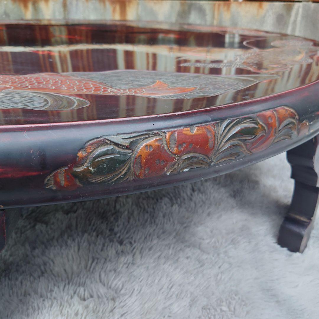 送料込　円卓　鯉　木彫り　アンティーク家具　直径120cm