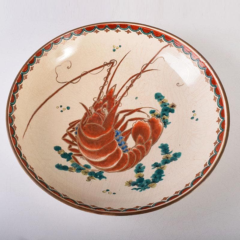 九谷焼　古九谷　色絵　海老文　大皿　飾皿　直径約36㎝　時代箱付　VR8143C