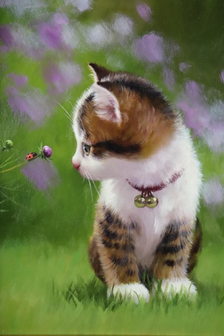 真作保証 長岡卓 「小さい秋」 油彩3号 可愛い猫画 リアリズム