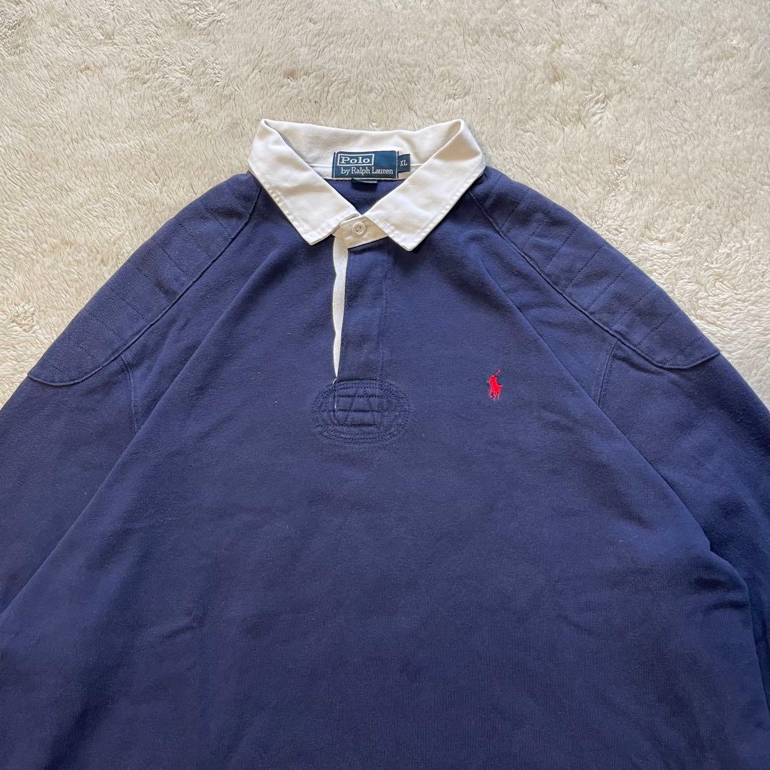 90s ポロ　ラルフローレン　エルボーパッチ　ラガーシャツ　 XL ネイビー