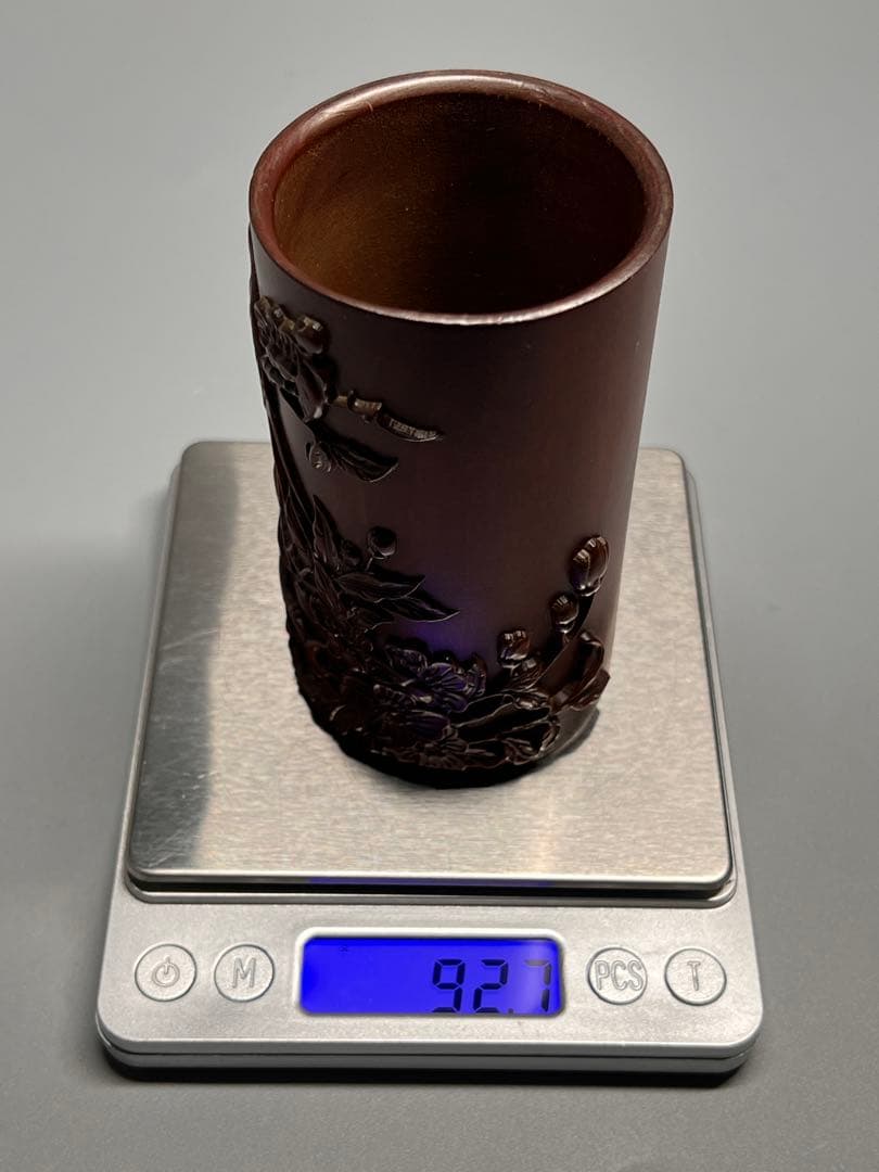 中国古美術 唐物 木製 黄楊木 一刀彫 筆立 筆筒 浮彫 文房具 極美品 旧蔵