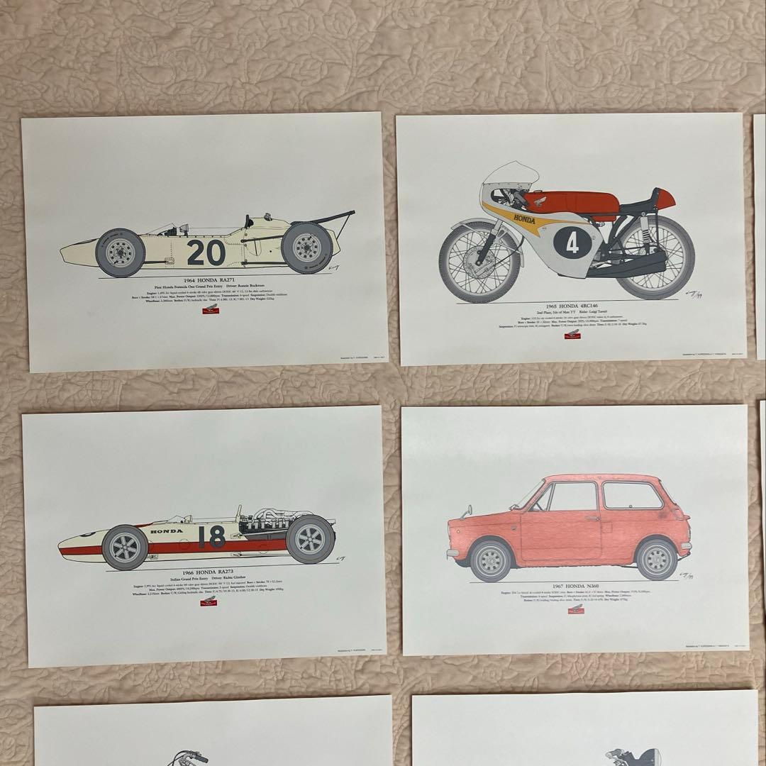 ホンダ　バイクと車のイラストレーション18枚と額