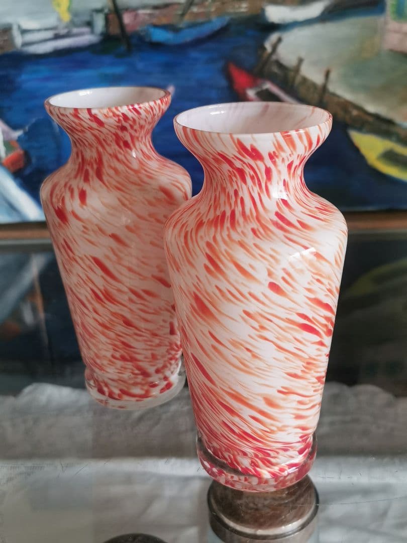 アンティーク ヴェネチアンガラス ブラッドオレンジ＆ホワイト 工房物ペアベース