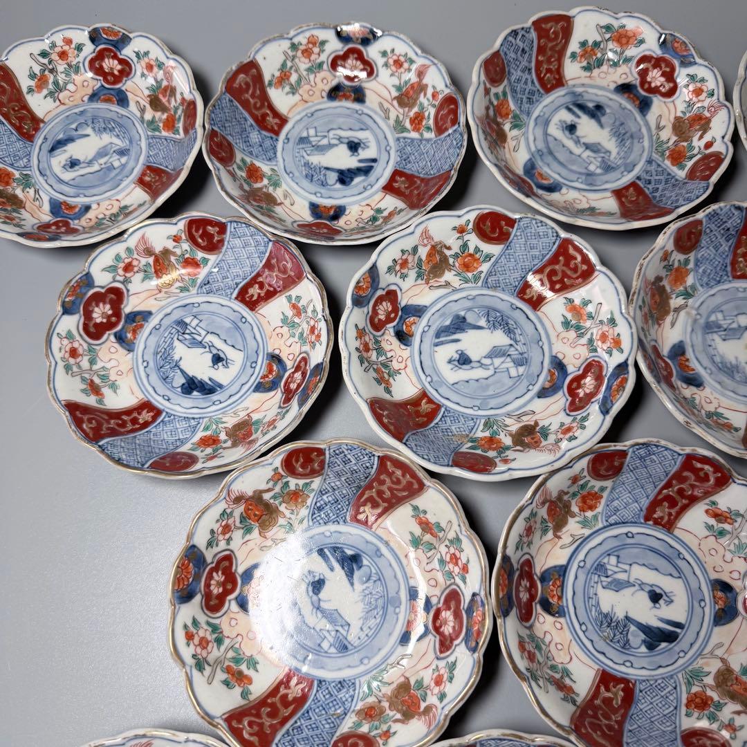 古伊万里　色絵祥瑞金獅子文様小皿　冨貴長春　裏唐草文　18客　共箱　古陶を楽しむ