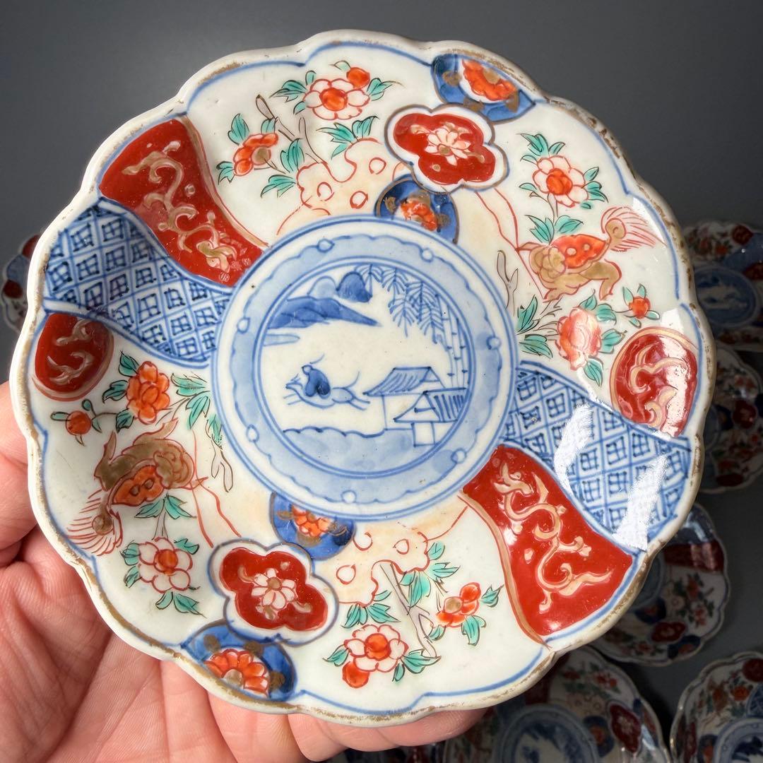 古伊万里　色絵祥瑞金獅子文様小皿　冨貴長春　裏唐草文　18客　共箱　古陶を楽しむ