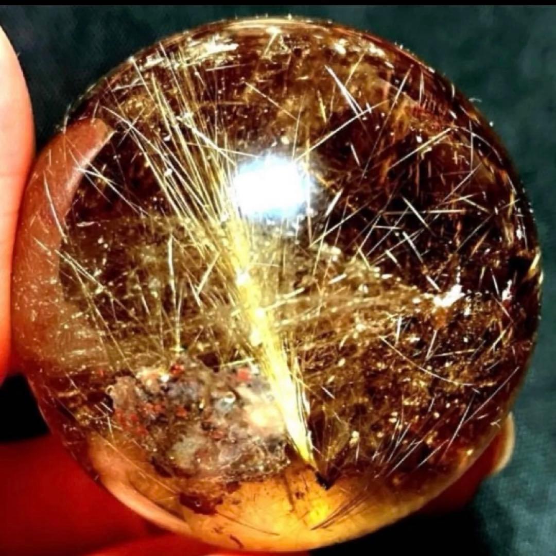 42mm ゴールドルチルクォーツ　丸玉　スフィア　金針水晶
