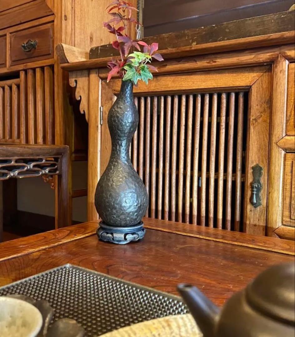 美品　二上元威作　青銅製花器　唐木鑑賞台付　２点セット　アンティーク　レア