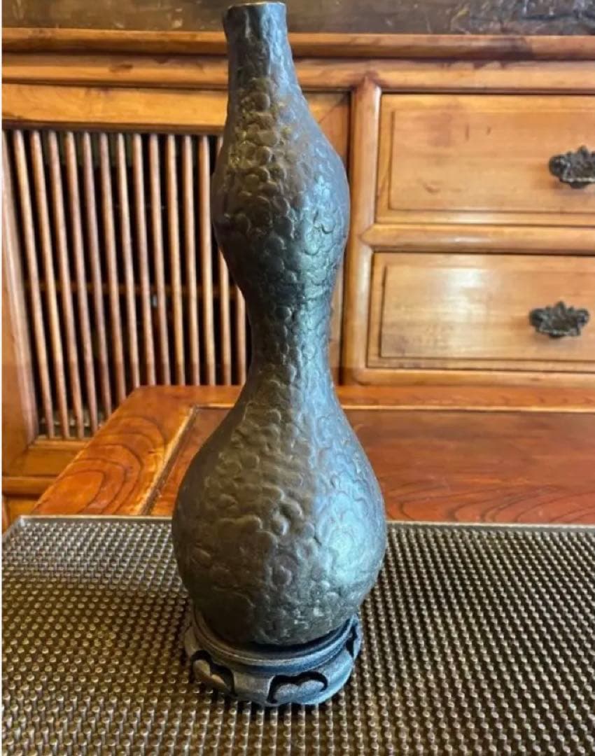 美品　二上元威作　青銅製花器　唐木鑑賞台付　２点セット　アンティーク　レア