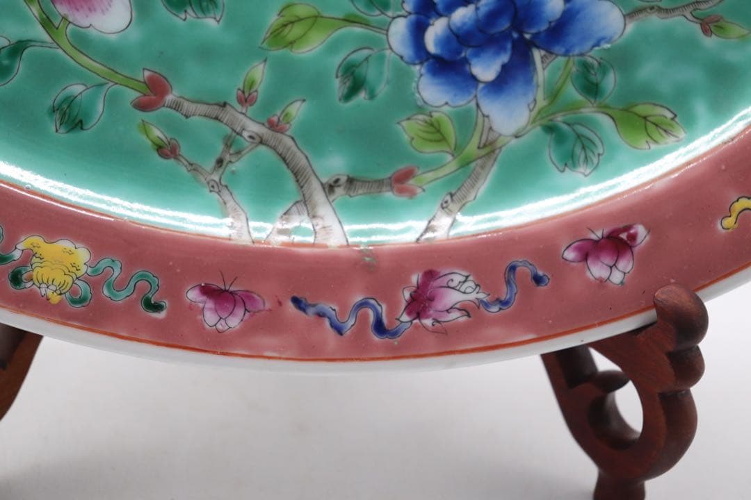 中国　許順昌造　粉彩鳳凰牡丹紋楕円大皿　送料込み1028