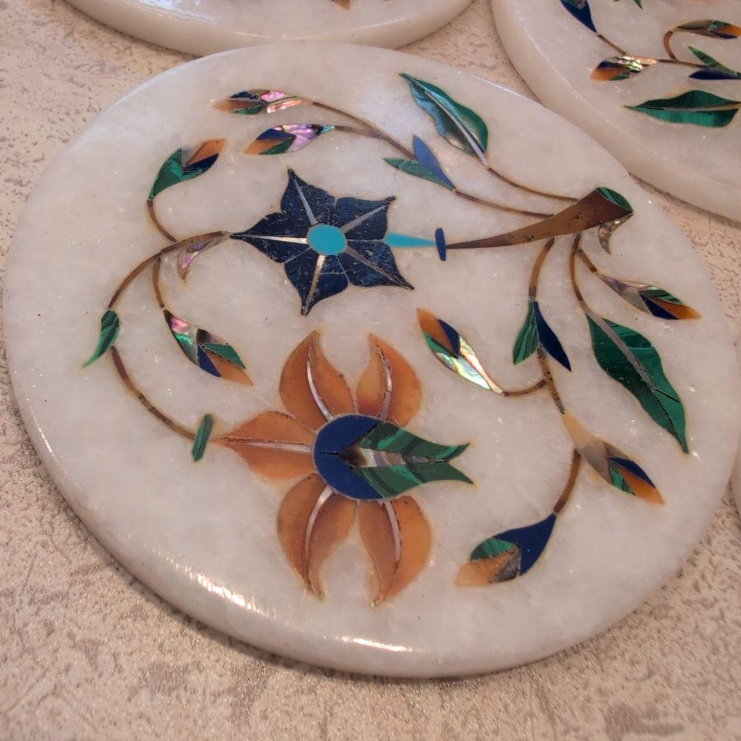 天然石 象嵌細工コースターセット（6枚組） インド ハンドメイド 美術工芸品