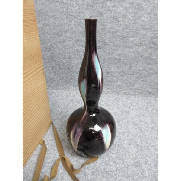 九谷焼糠川清章鶴首花瓶共箱 [B28321]