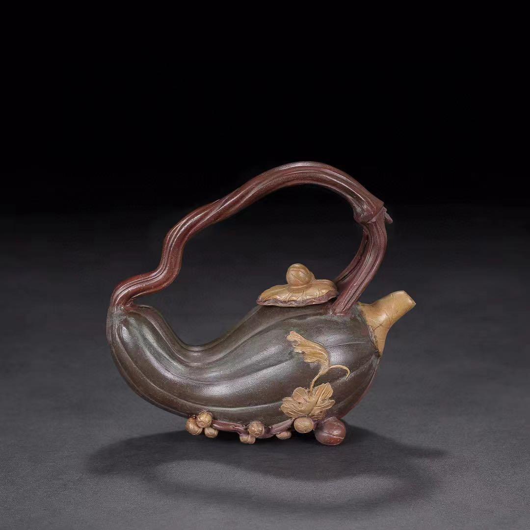 中国古美術・原鉱底槽清、紫砂泥、カボチャ提梁壺、汪寅仙紋 紫砂壺・急須