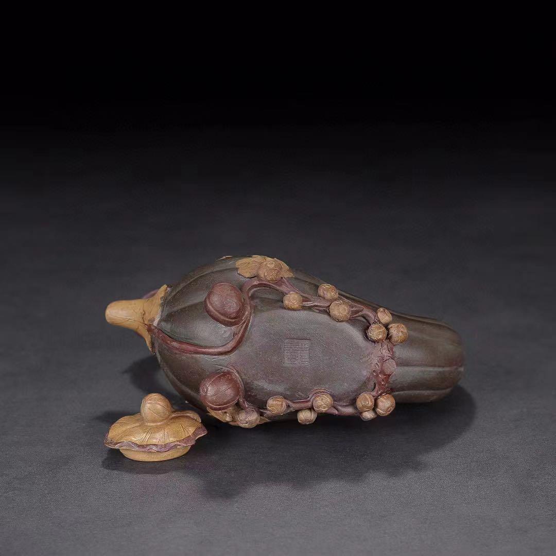 中国古美術・原鉱底槽清、紫砂泥、カボチャ提梁壺、汪寅仙紋 紫砂壺・急須