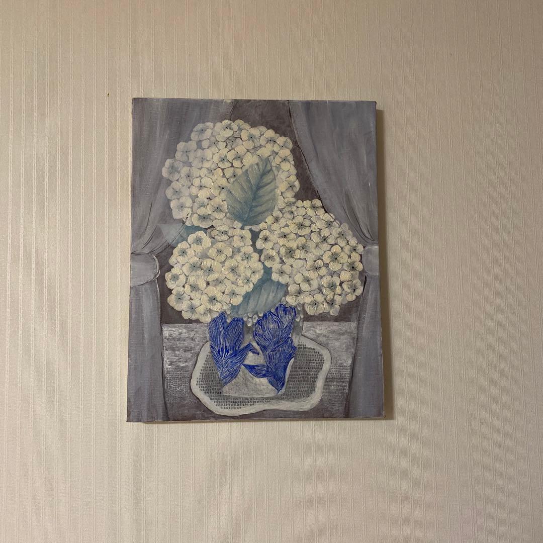原画　油絵　白い紫陽花
