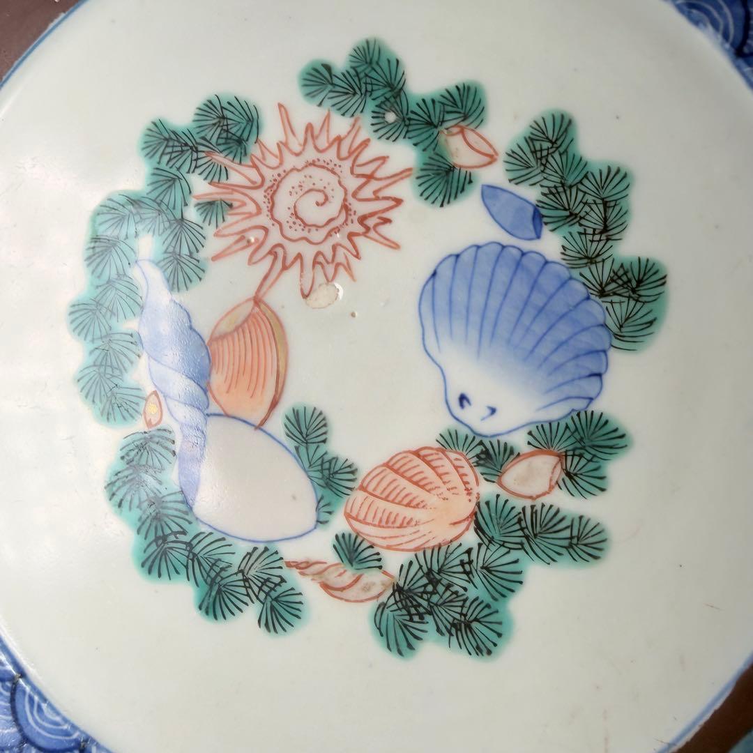 江戸期　古伊万里　染錦貝青海波文高台皿　裏唐草鳥文　珍しい絵付　古美術　蒐集家