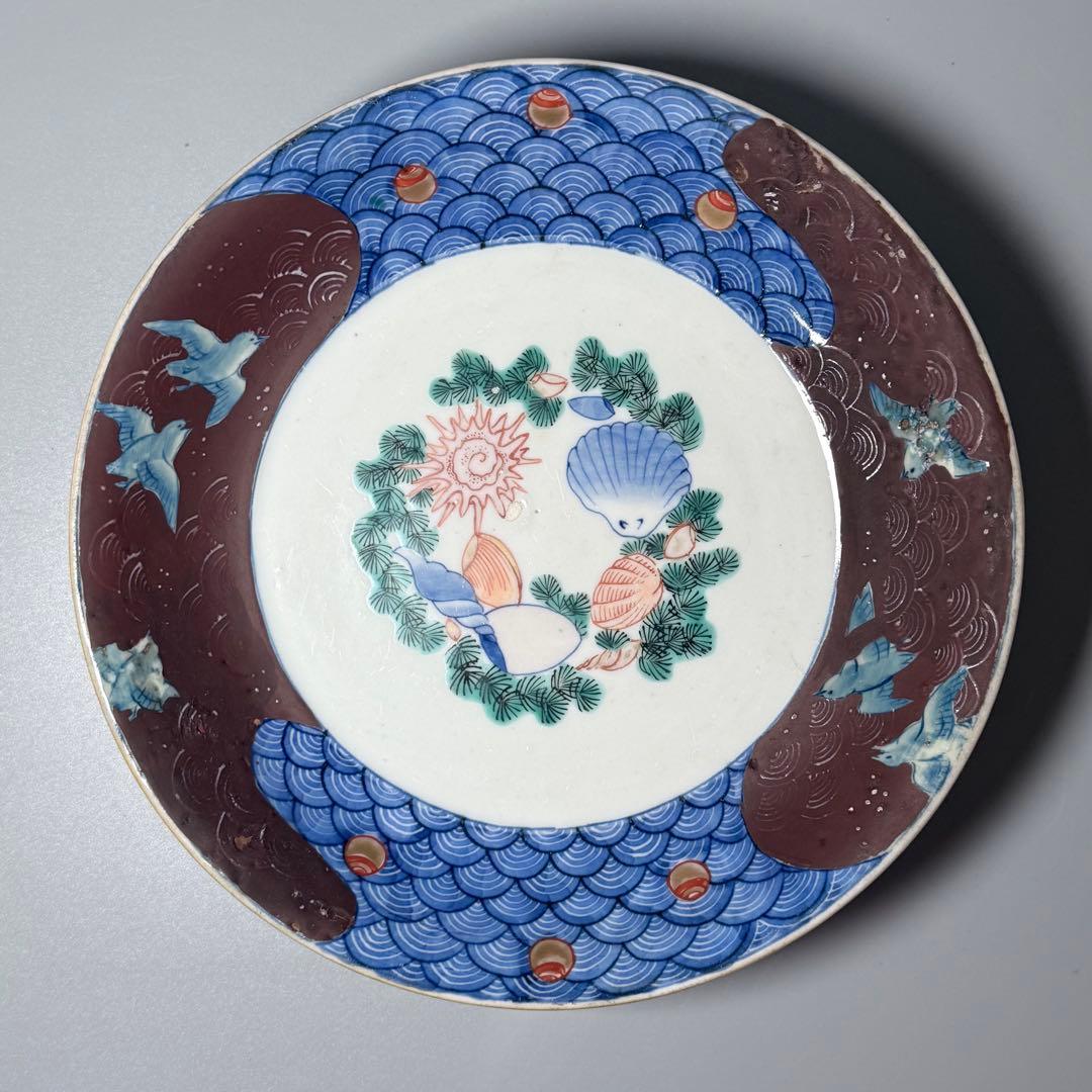 江戸期　古伊万里　染錦貝青海波文高台皿　裏唐草鳥文　珍しい絵付　古美術　蒐集家