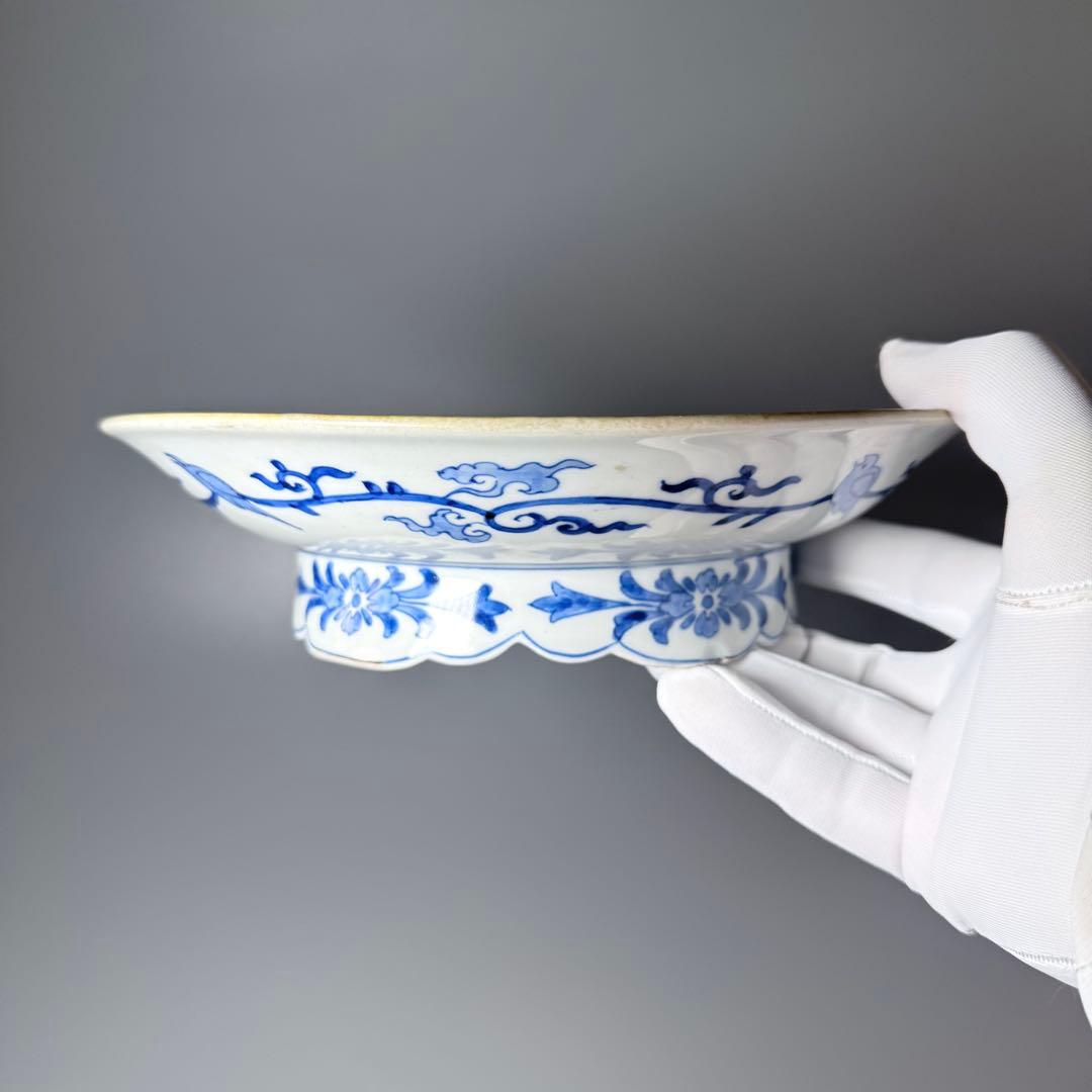 江戸期　古伊万里　染錦貝青海波文高台皿　裏唐草鳥文　珍しい絵付　古美術　蒐集家