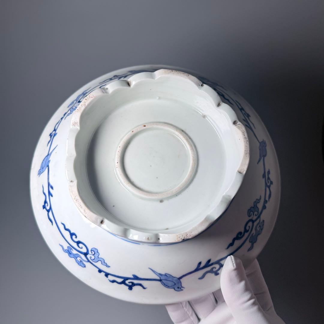 江戸期　古伊万里　染錦貝青海波文高台皿　裏唐草鳥文　珍しい絵付　古美術　蒐集家