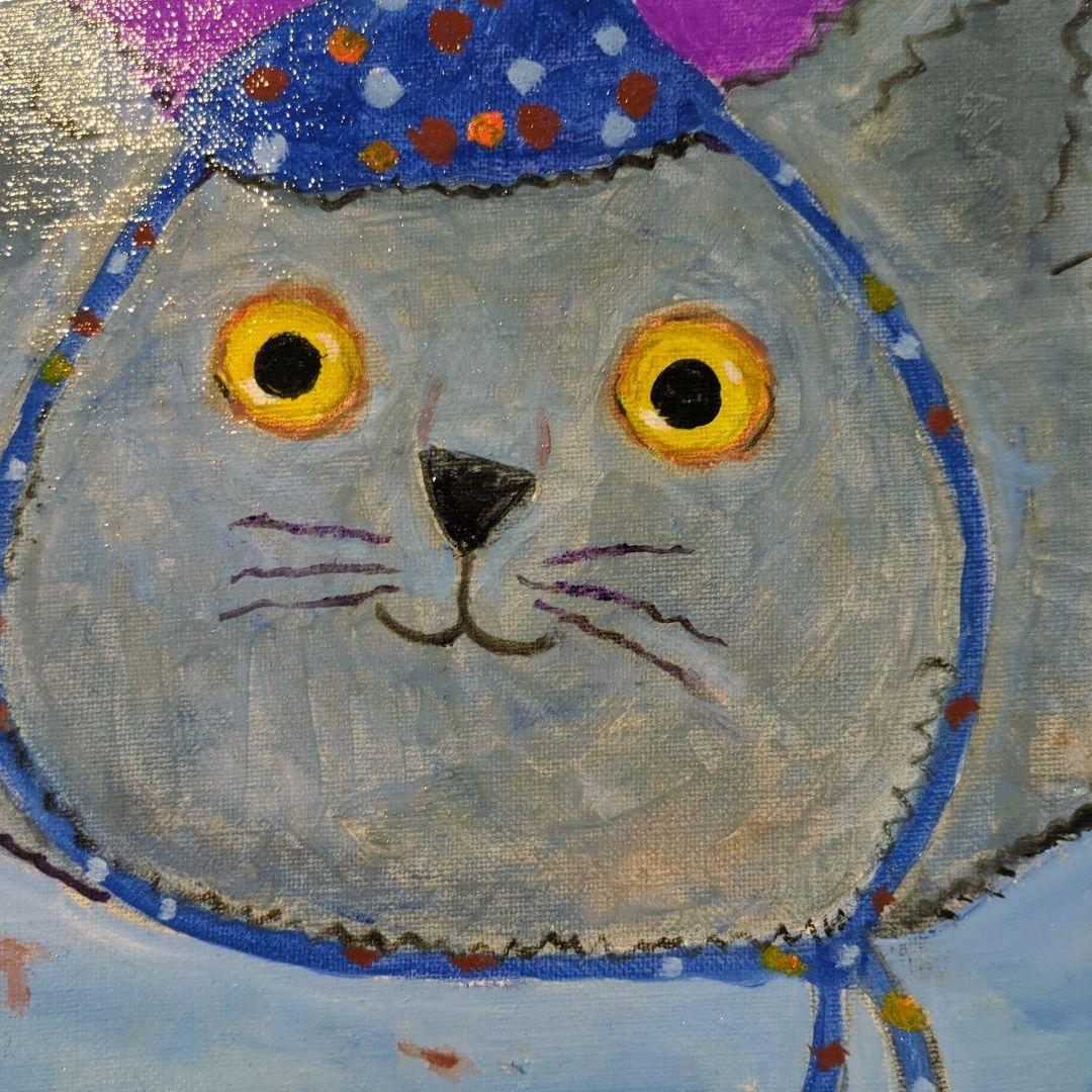 キャンバス油絵　専用　帽子と温かい服を着せてもらったにゃんこ