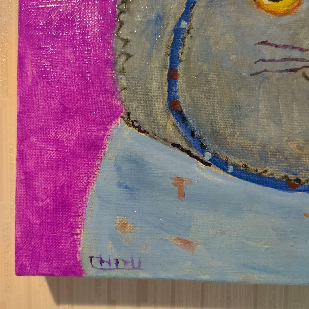 キャンバス油絵　専用　帽子と温かい服を着せてもらったにゃんこ