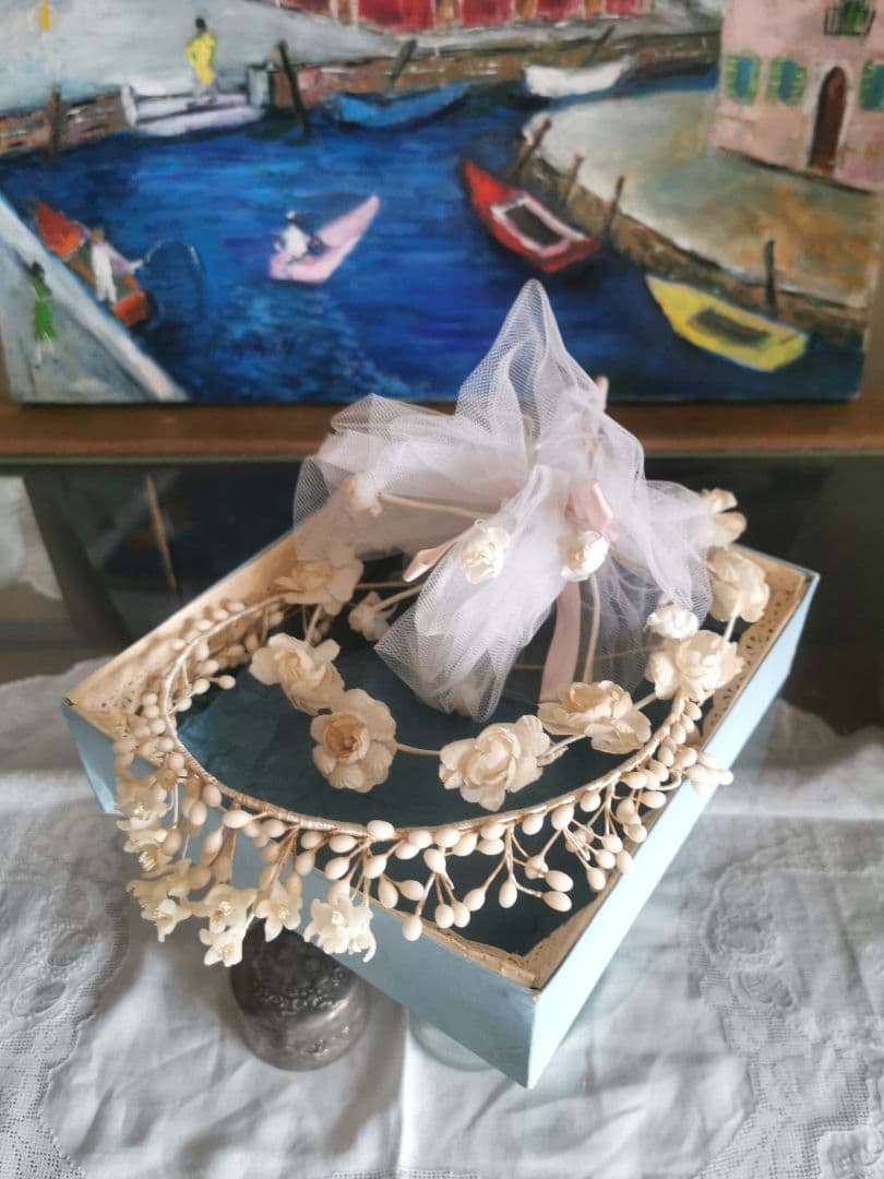 アンティーク ワックスフラワー＆布花冠ティアラ 薔薇ブーケ ブライダル３点セット