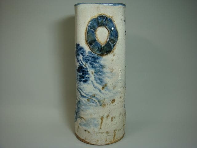 花瓶■青木木米「聾米造」江戸期（徳川時代）古い染付筒花器山郷山水 時代 骨董■