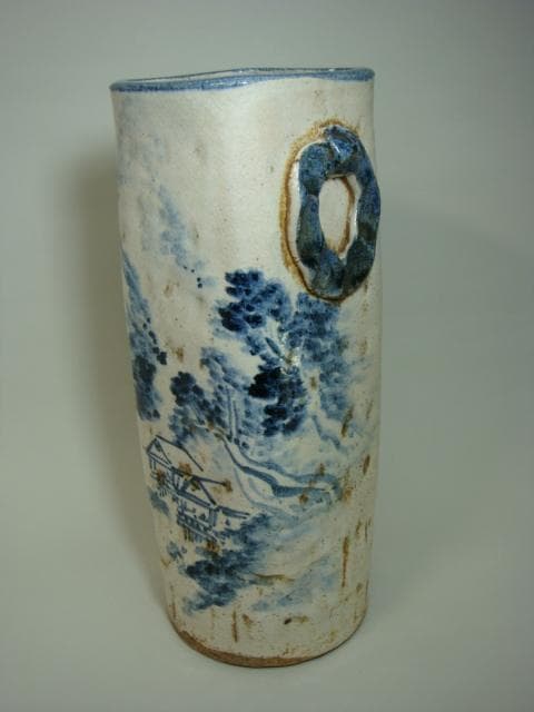 花瓶■青木木米「聾米造」江戸期（徳川時代）古い染付筒花器山郷山水 時代 骨董■