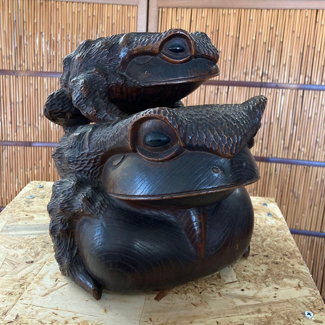 骨董　福かえる　木彫刻　親子かえる　昭和20年頃の作￼Ｎ34KE