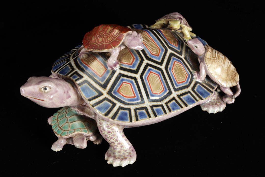 野々村仁清 在銘 色絵親子亀置物 共箱 京焼 細密造形 縁起物 古美術 骨董品