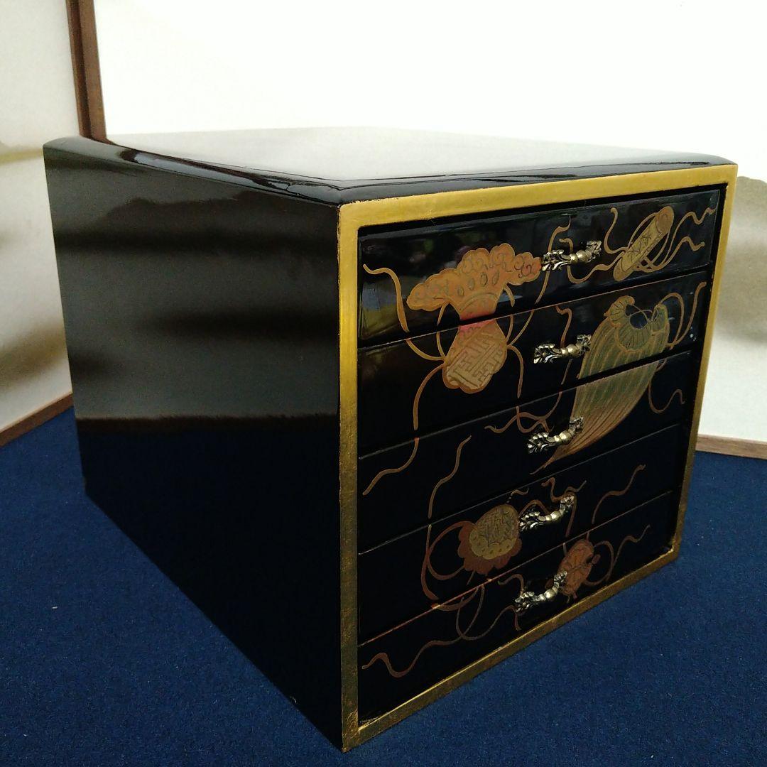 A846 輪島塗 蒔絵 五段引き出し 小箪笥 黒漆箱 仏具 経箱 五帖 経箱