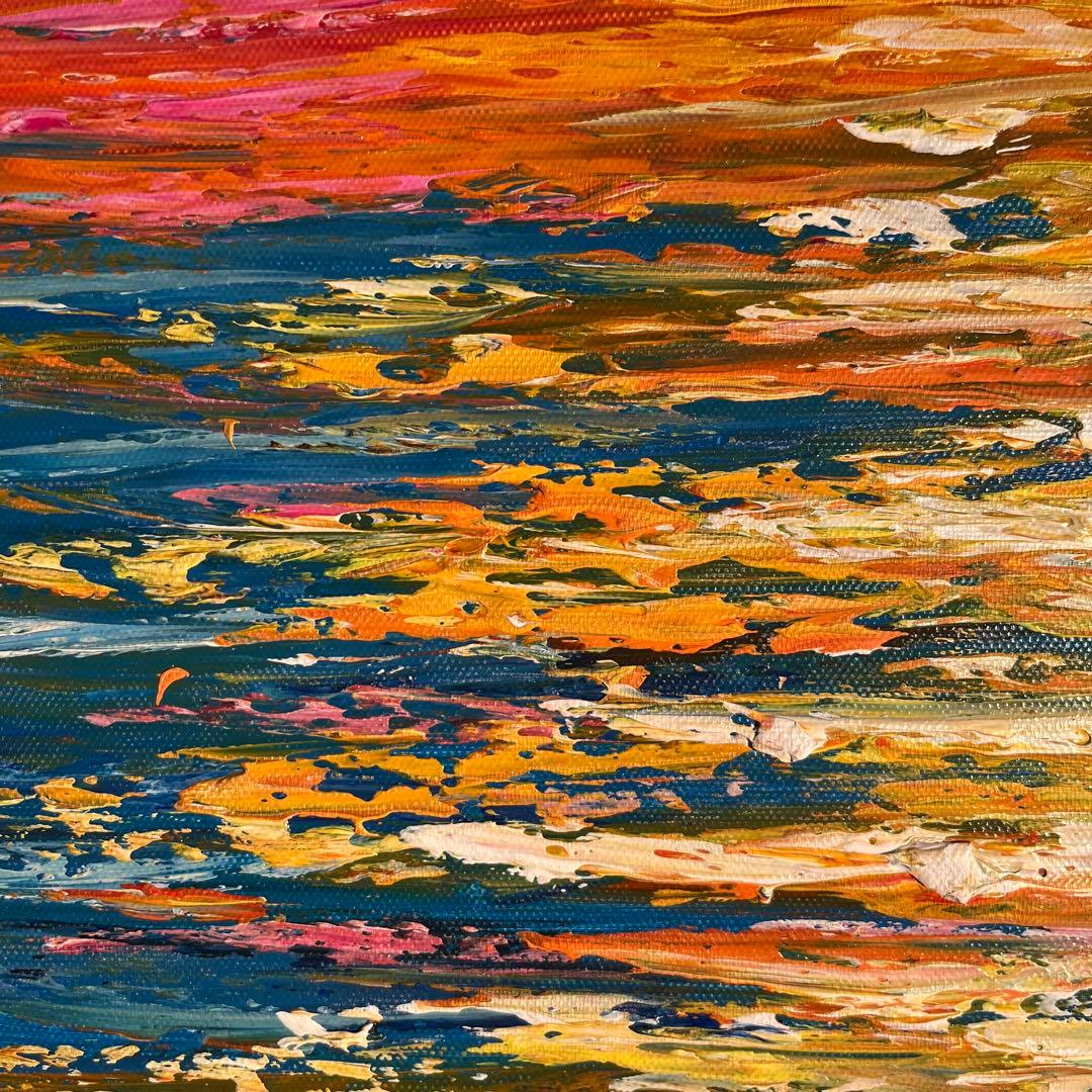 手描き油絵 sun set夕陽 額付 インテリア 油彩画 肉筆絵画