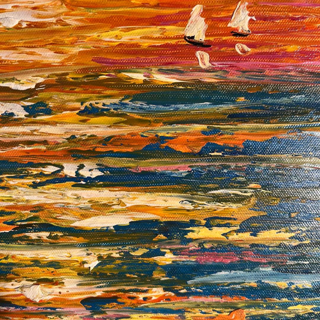 手描き油絵 sun set夕陽 額付 インテリア 油彩画 肉筆絵画
