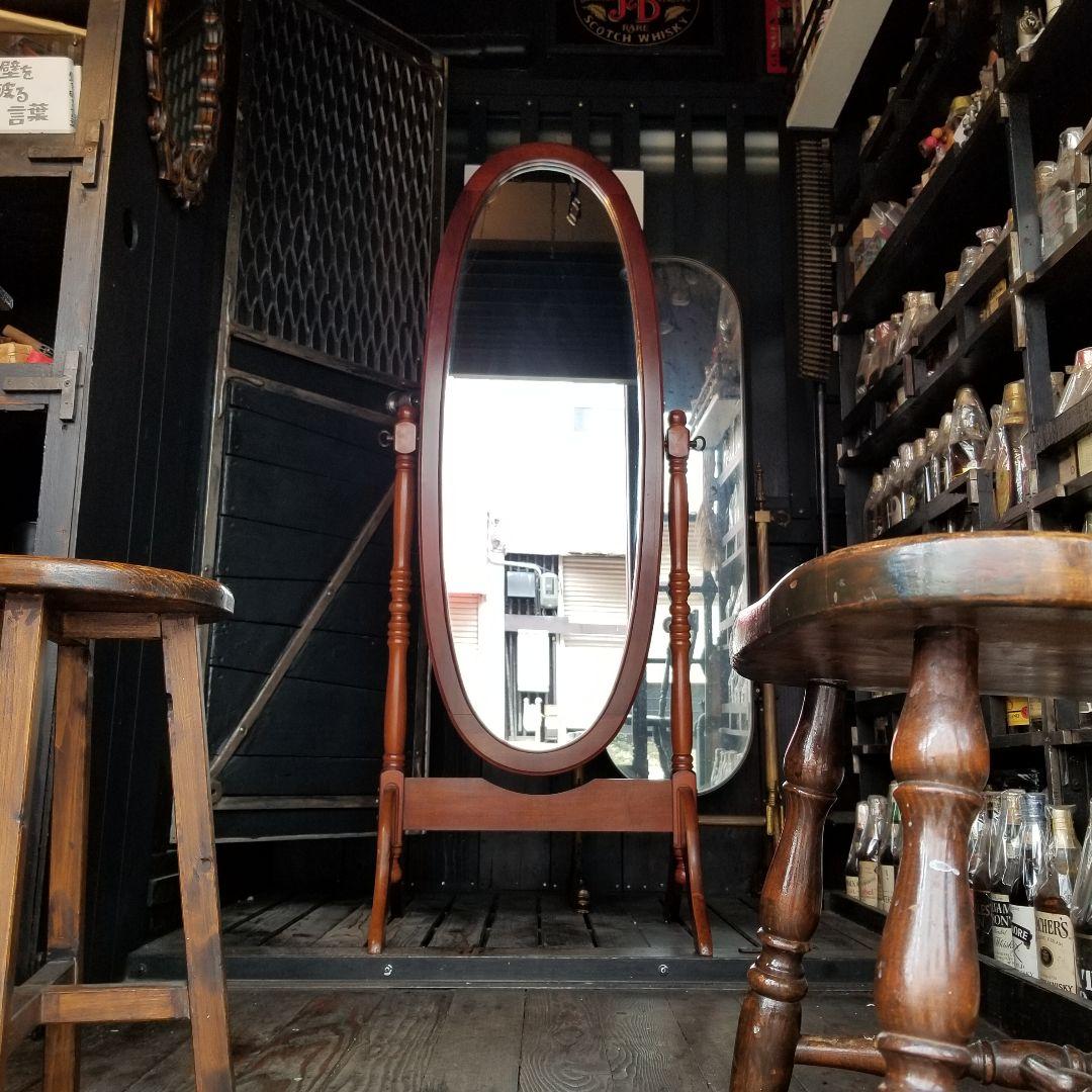 希少　美品　大型　オーバル　チーク　ウッド　カラー　無垢　硬木製　スタンドミラー