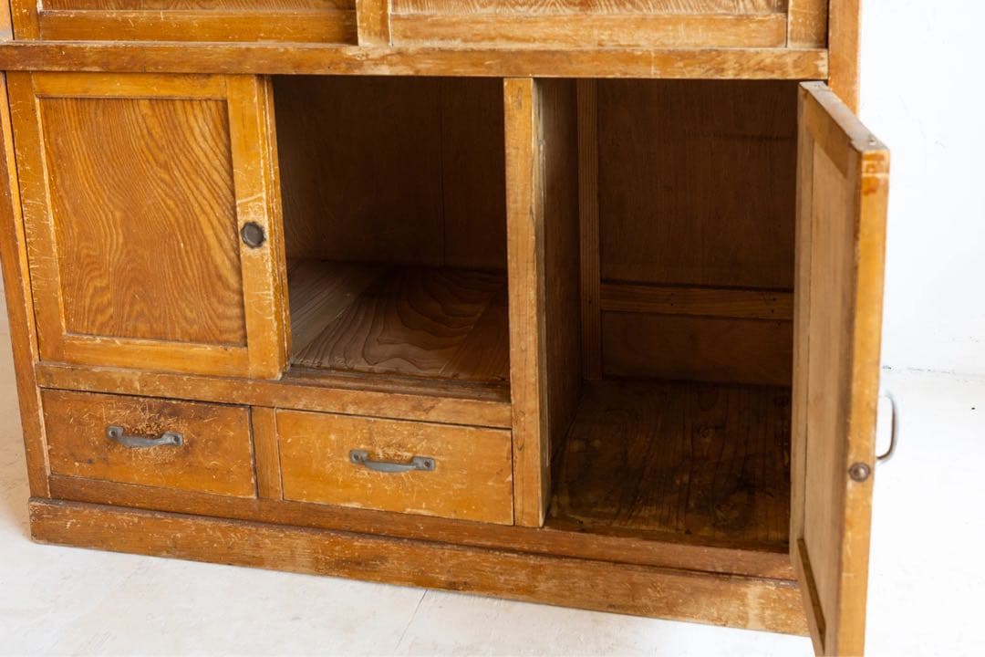 昭和レトロ 茶箪笥 ガラス戸 引き戸 食器棚 収納棚