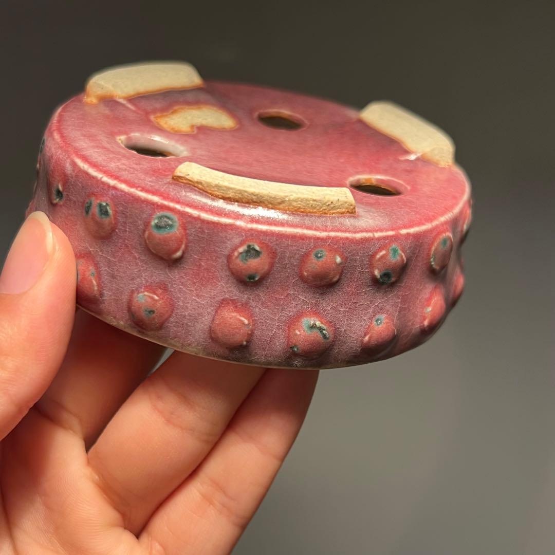 571.秋直 窯変辰砂釉鼓釘丸 盆栽鉢 植木鉢 9.8*3cm